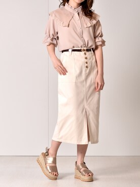 「ems excite（エムズエキサイト）のベルト付ナロースカート（スカート、ホワイト系）」を使った、Miyuさん（レディース・149cm）の夏コーディネート