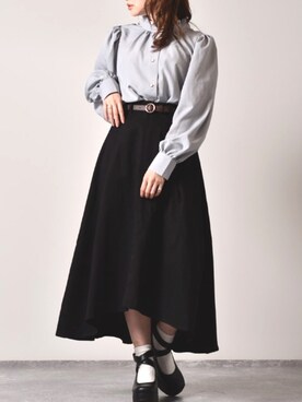 「ems excite（エムズエキサイト）の2WAYパワショルブラウス（シャツ/ブラウス、ブルー系）」を使った、Miyuさん（レディース・149cm）の秋コーディネート