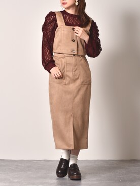 「ems excite（エムズエキサイト）のレースパワショル長袖カットソー（Tシャツ/カットソー、レッド系）」を使った、Miyuさん（レディース・149cm）の秋コーディネート