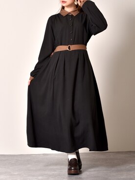 「ems excite（エムズエキサイト）のバイカラーシャツワンピ（ワンピース、ブラック系）」を使った、Miyuさん（レディース・149cm）の秋コーディネート