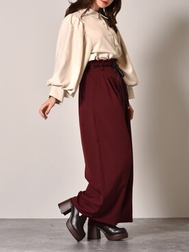 「ems excite（エムズエキサイト）の細コールパワショルブラウス（シャツ/ブラウス、ホワイト系）」を使った、Miyuさん（レディース・149cm）の秋コーディネート