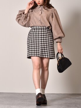 「ems excite（エムズエキサイト）のアソートミニスカート（スカート、ブラック系）」を使った、Miyuさん（レディース・149cm）の秋コーディネート