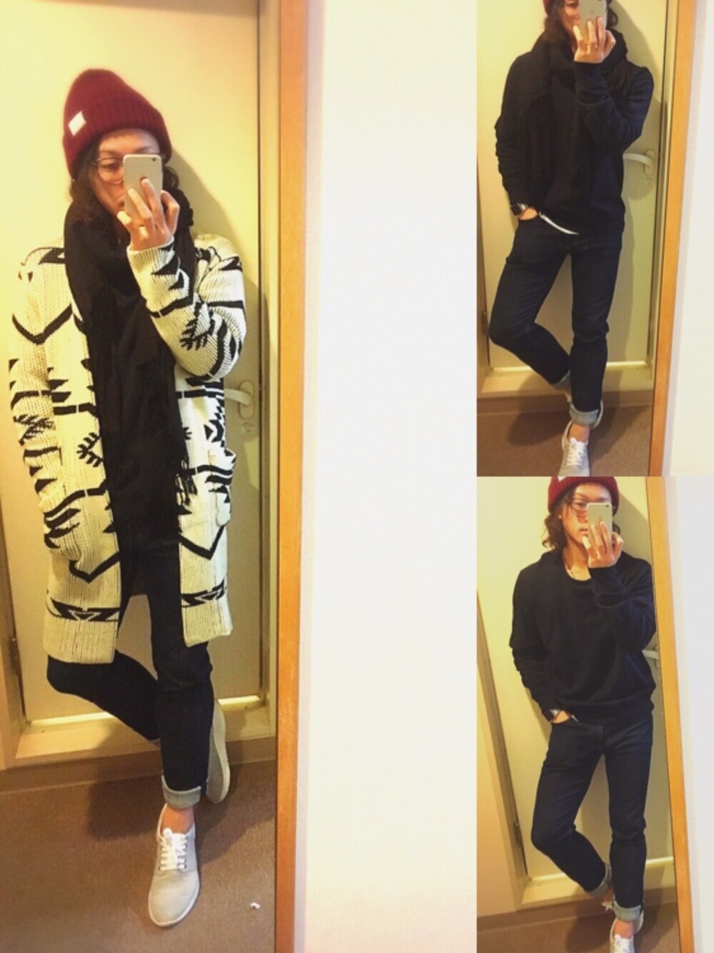 ホワイト系のカーディガン/ボレロ、ブルー系のスウェット、ブルー系のデニムパンツを着用したメンズの冬コーディネートの1枚目の写真