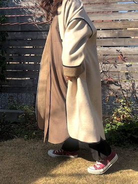「ワンピース×スニーカー」｜「アイテム（ノーカラーコート）」を使った、hiiiさん（レディース・150cm）の冬コーディネート