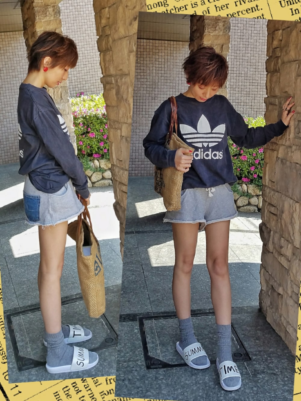 ホワイト系のサンダル、ベージュ系のトートバッグ、グレー系のその他パンツを着用したレディースの春コーディネートの1枚目の写真