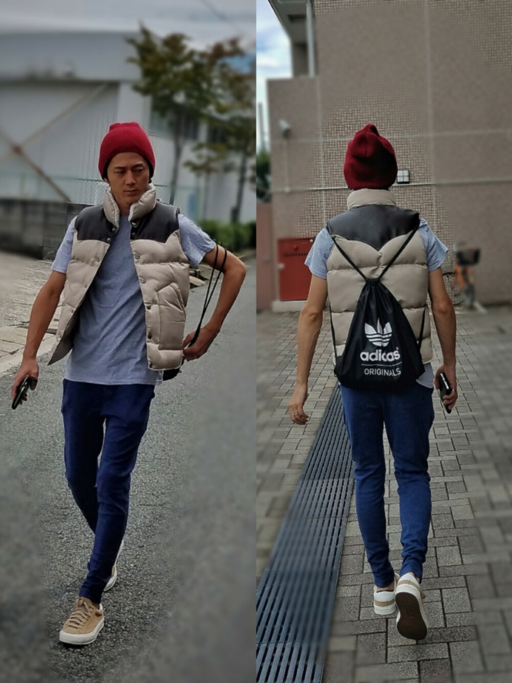 「赤ニット帽、ニット帽コーデ、ダウンベスト、重ね着、グレーTシャツ、ジョガーパンツ、スウェットパンツ、スニーカーコーデ、大人カジュアル、ナップサック」｜「セリアのアイテム（ニットキャップ/ビーニー、レッド系）」を使った、インスタ→bz178koshu47さん（メンズ・170cm）の秋コーディネートの1枚目の写真