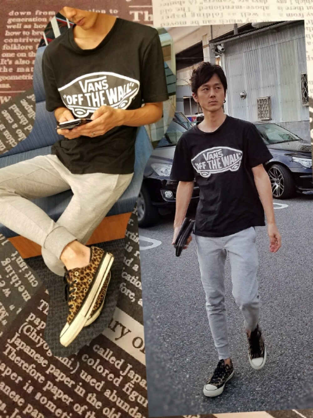 「ひょう柄、レオパード、VANS、バンズ、ロゴT、ジョガーパンツ、スウェットパンツ、コンバース オールスター、converse、大人カジュアル」｜「CONVERSEのconverse コンバース ALL STAR GRUNGELEOPARD OX オールスター グランジレオパード OX 32861199 BROWN（スニーカー、ブラウン系）」を使った、インスタ→bz178koshu47さん（メンズ・170cm）の秋コーディネートの1枚目の写真