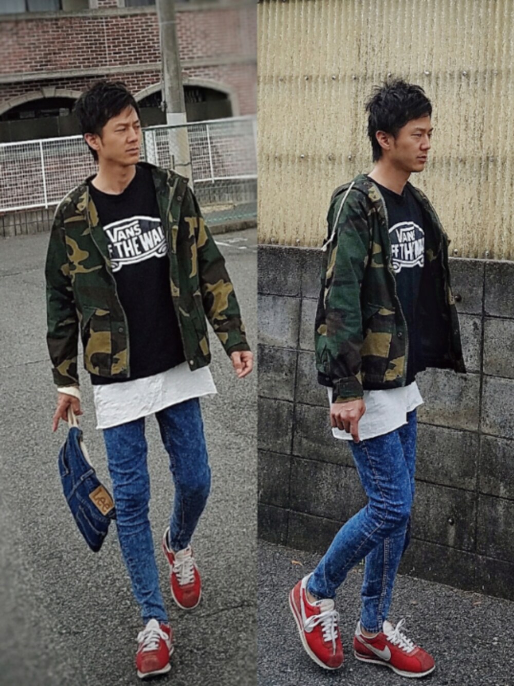 「VANS、ロゴT、ロングタンクトップ、重ね着、迷彩、カモフラ、スキニーデニム、赤スニーカー、クラッチバッグ、肌ウーノ」｜「ネットで購入のアイテム（マウンテンパーカー、グリーン系）」を使った、インスタ→bz178koshu47さん（メンズ・170cm）の春コーディネートの1枚目の写真