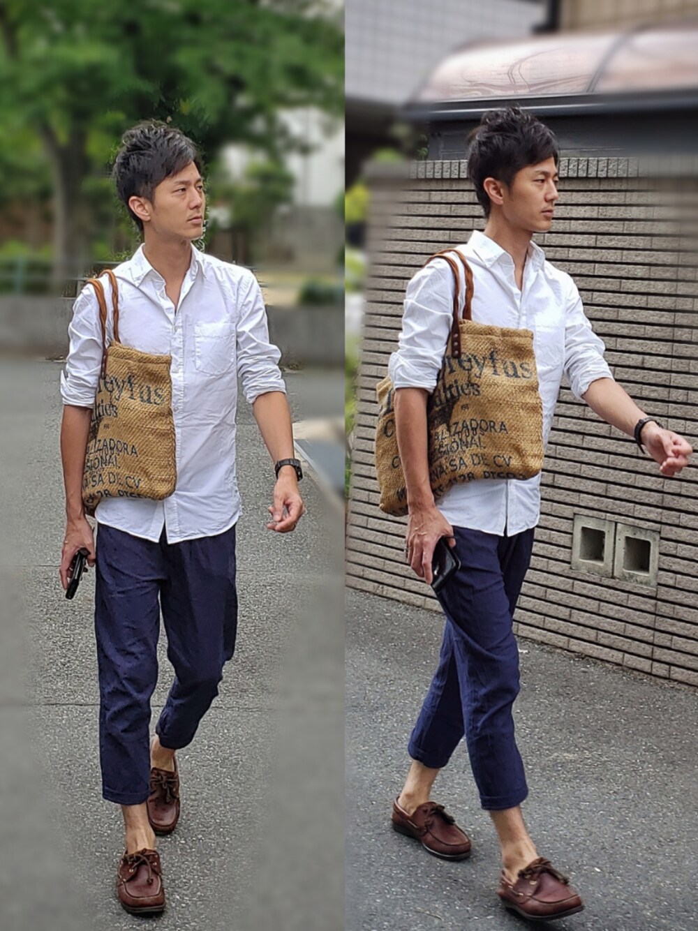 「リネンパンツ、リラックスパンツ、リラックススタイル、白シャツ、シンプルコーデ、トートバッグ、ootd、タッセルローファー、ローファー、ネイビー×ホワイト」｜「H&Mのアイテム（シャツ/ブラウス、ホワイト系）」を使った、インスタ→bz178koshu47さん（メンズ・170cm）の夏コーディネートの1枚目の写真