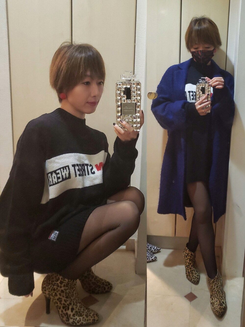 「メンズニット、今日のコーデ、ニットワンピース、ブーティ、ひょう柄、レオパード、大人コーデ、ビッグシルエット、ロゴニット、アラフォー」｜「VISION STREET WEARのアイテム（ニット/セーター、ブラック系）」を使った、インスタ→bz178koshu47さん（レディース・160cm）の冬コーディネートの1枚目の写真