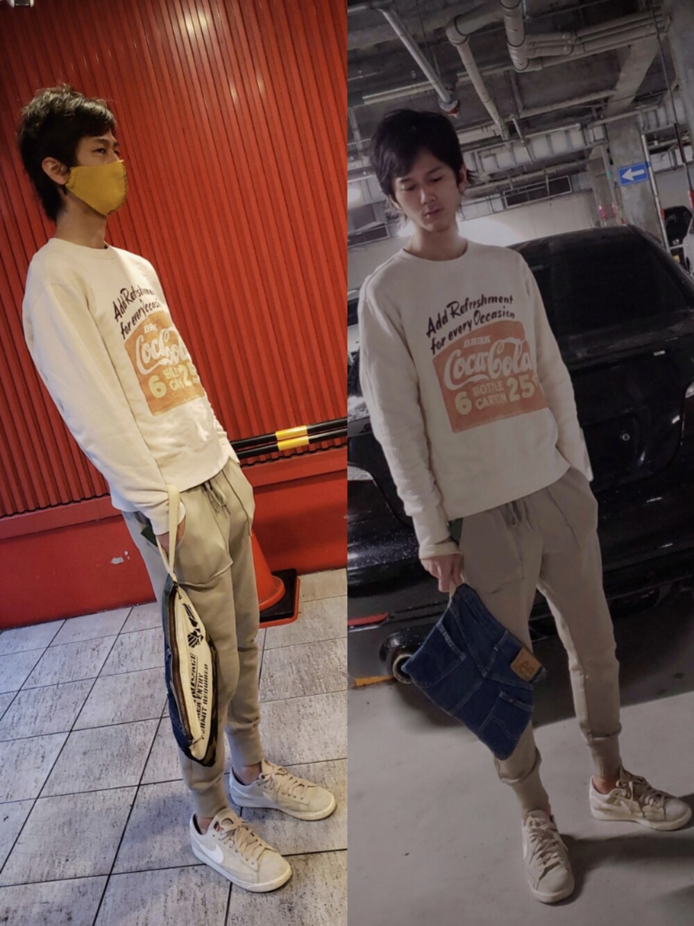 「コカコーラ、トレーナー、スウエットパンツ、プチプラコーデ、ワントーンコーデ、スウェット、NIKE、ナイキスニーカー、今日のコーデ、クラッチバッグ」｜「UNIQLOのコカコーラスウェット（スウェット、ベージュ系）」を使った、インスタ→bz178koshu47さん（メンズ・170cm）の春コーディネートの1枚目の写真