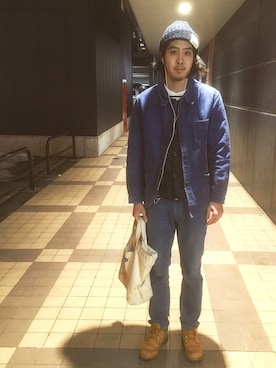 「アイテム（ニットキャップ/ビーニー、ブルー系）」を使った、ひーーさん（メンズ・176cm）の春コーディネート