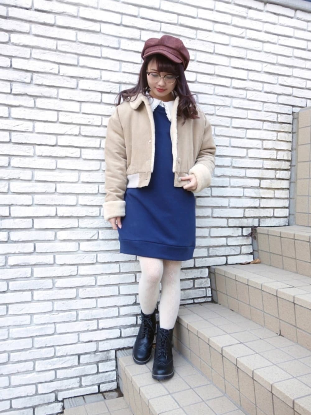「大人カジュアル、冬コーデ、休日スタイル、ボア、低身長、めがね、キャスケット、fint、an another angelus、大晦日」｜「F i.n.tのコーデュロイボアブルゾン/F i.n.t（ブルゾン、ベージュ系）」を使った、F i.n.tさん（レディース・150cm）の冬コーディネートの1枚目の写真