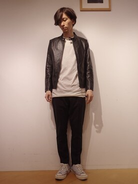 「Lui's（ルイス）のアイテム（ライダースジャケット）」を使った、Lui's 池袋 STAFF  芳村さん（メンズ・181cm）の春コーディネート