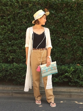 「passage mignon/flaneur（パサージュミニョンフラヌール）のアイテム（帽子）」を使った、あかいろさん（レディース・163cm）の夏コーディネート