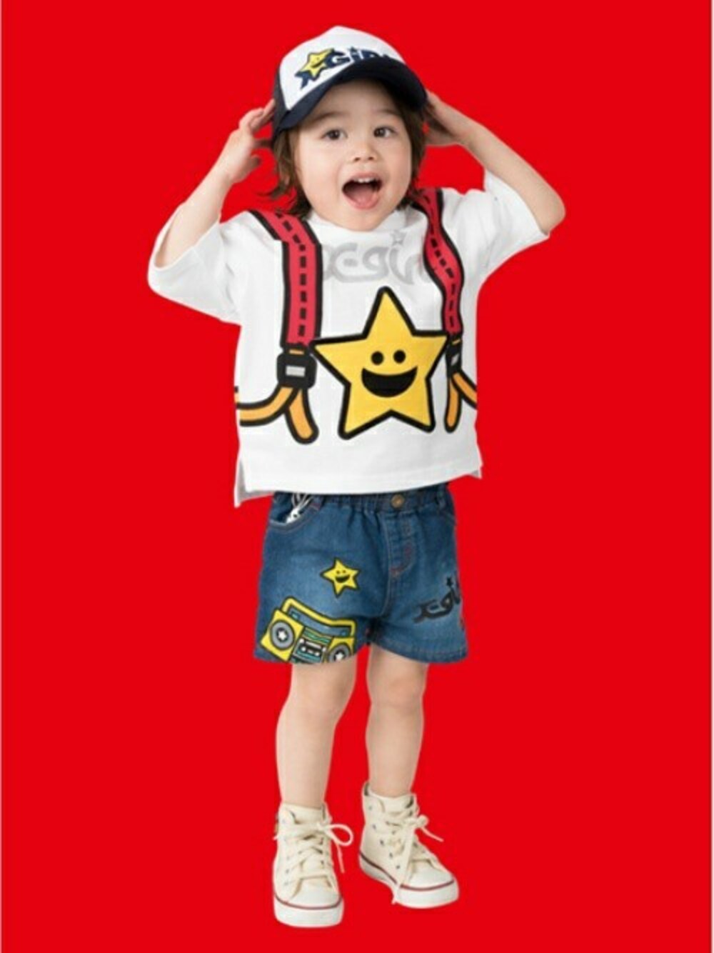 X-girl STAGES・XLARGE KIDSさんの「キラッキートロンプルイユプリント半袖Tシャツ（X-girl Stages）」を使ったコーディネート