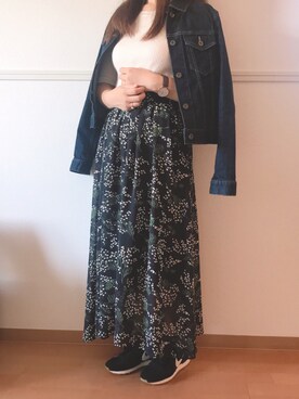 ミモザ柄ギャザーロングスカート◇を使った人気ファッション 