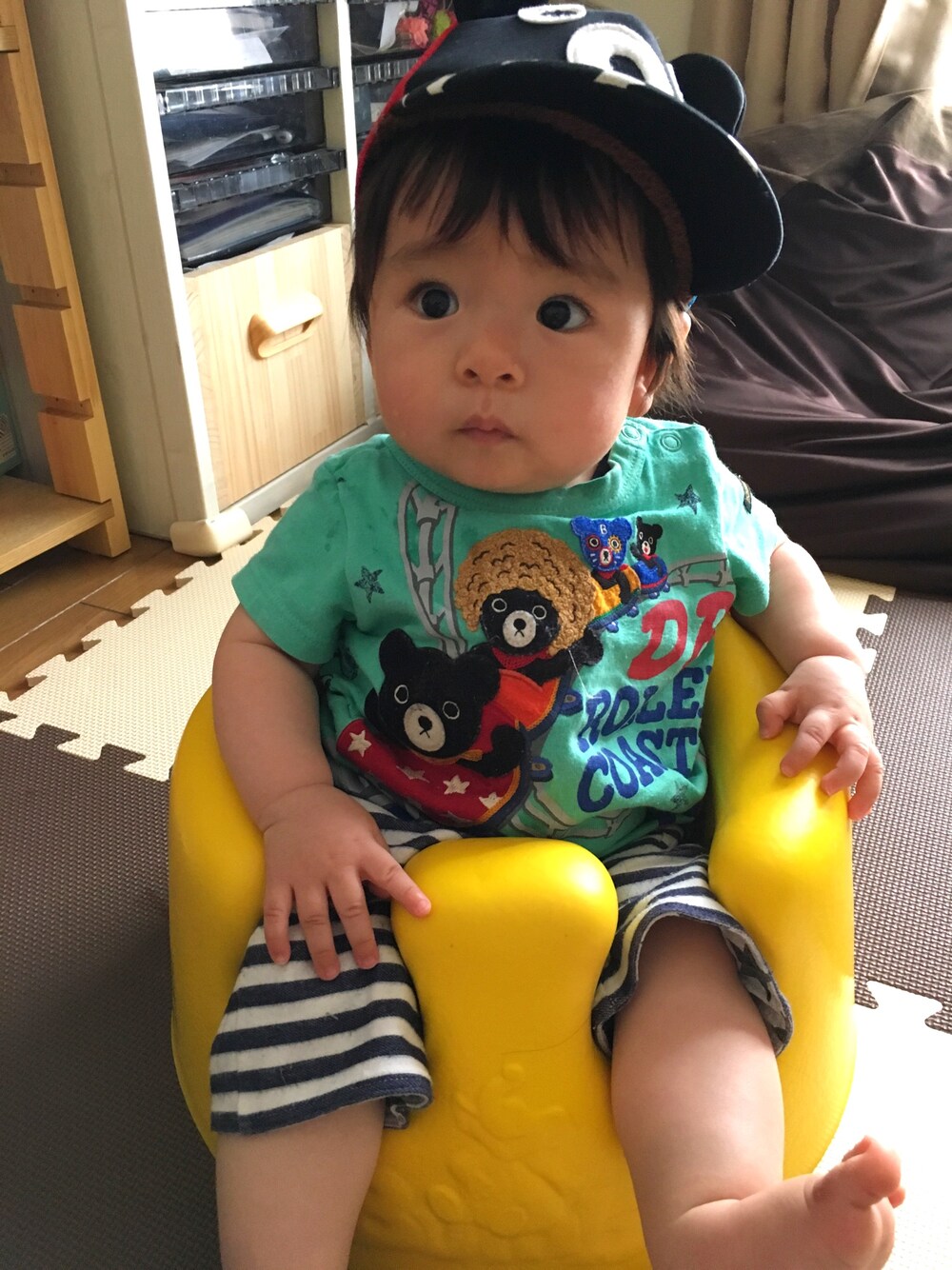 「おとこのこ、ミキハウス、ダブルビー、Bくん」｜「MIKI HOUSEのアイテム（キャップ、ブラック系）」を使った、rinさん（キッズ・70cm）の夏コーディネートの1枚目の写真