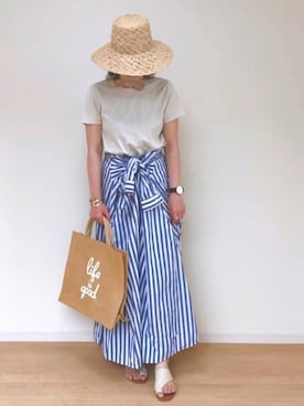 「むぎわら帽子」｜「アイテム（シャツワンピース）」を使った、sato**さん（レディース・165cm）の夏コーディネート