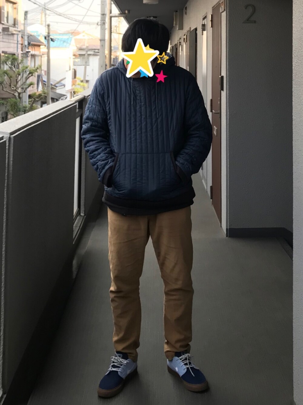 「テンダーロイン、TENDERLOIN、nike sb 、ジャノスキ、nikeid、BEAMS、おしゃれさんと繋がりたい、秋冬コーデ」｜「TENDERLOINのアイテム（ダウンジャケット/コート、ブルー系）」を使った、アロハワイさん（メンズ・171cm）の冬コーディネートの1枚目の写真