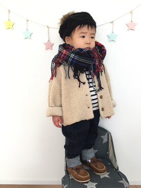 「DAISO（DAISO）のアイテム（ハンチング/ベレー帽）」を使った、kotaさん（キッズ・80cm）の冬コーディネート