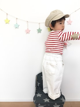 「petit main（プティマイン）のアイテム（キャスケット）」を使った、kotaさん（キッズ・80cm）の春コーディネート