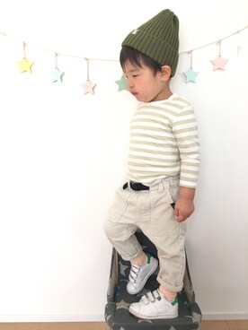 「靴下チラ見せ」｜「アイテム（ニットキャップ/ビーニー）」を使った、kotaさん（キッズ・90cm）の春コーディネート