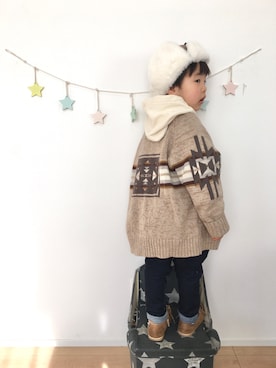 「petit main（プティマイン）のアイテム（パーカー）」を使った、kotaさん（キッズ・90cm）の冬コーディネート