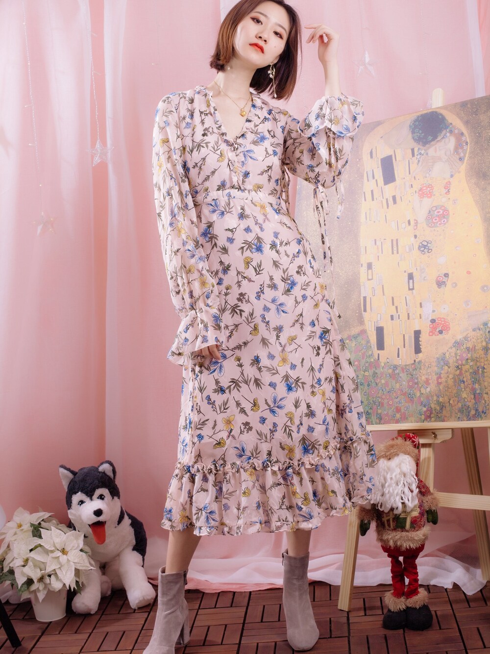 「春色、white、ootd」｜「josyのアイテム（ワンピース、ピンク系）」を使った、菲さん（レディース・171cm）の冬コーディネートの1枚目の写真