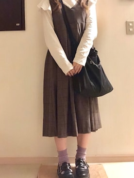 「チェック柄に恋してる」｜「アイテム（ジャンパースカート）」を使った、ぐうさん（レディース・157cm）の秋コーディネート