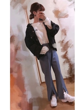 「ブルー x ホワイト」｜「アイテム（デニムジャケット）」を使った、ぺーさん（レディース・161cm）の春コーディネート