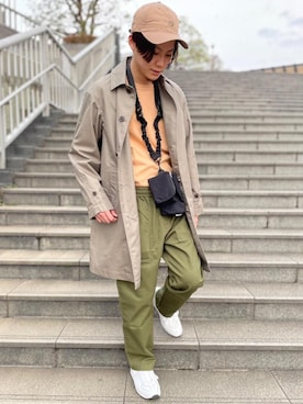 「green label relaxing（グリーンレーベルリラクシング）のアイテム（ステンカラーコート）」を使った、三浦さん（メンズ・172cm）の春コーディネート