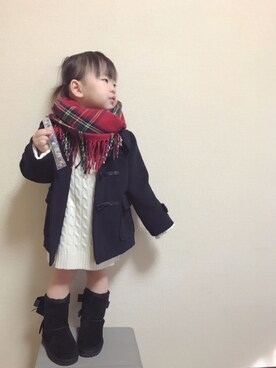 「赤チェック」｜「アイテム（ダッフルコート）」を使った、A KEYさん（キッズ・90cm）の冬コーディネート