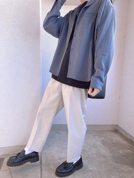 「CASPER JOHN（キャスパージョン）のVarious Dolman Open-Collar Shirts/バリアスドルマンオープンカラーシャツ（シャツ/ブラウス、ブルー系）」を使った、たくみ さん（メンズ・174cm）の春コーディネート
