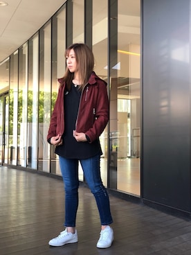 「アイテム（ライダースジャケット、レッド系）」を使った、Mizukiさん（レディース・158cm）の秋コーディネート