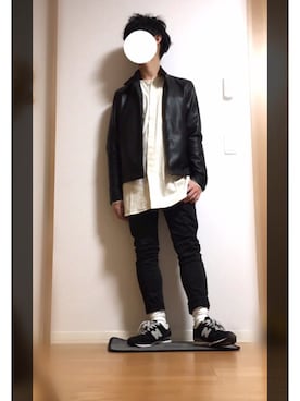 「ノーカラーシャツ」｜「アイテム（ライダースジャケット）」を使った、PINOさん（メンズ・165cm）の冬コーディネート
