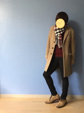 「スエードシューズ」｜「アイテム（チェスターコート）」を使った、ウオムラさん（メンズ・164cm）の冬コーディネート