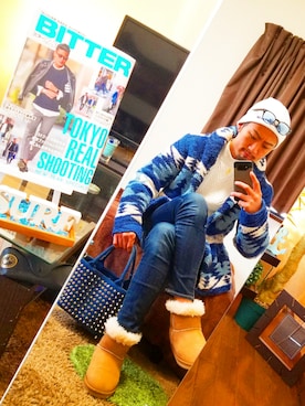 「アイテム（雑誌、ブルー系）」を使った、船越燎さん（メンズ・172cm）の冬コーディネート