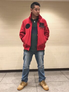 「アイテム（ミリタリージャケット、レッド系）」を使った、Masaさん（メンズ・172cm）の冬コーディネート
