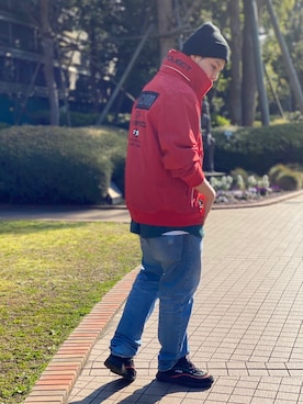 「アイテム（ミリタリージャケット、レッド系）」を使った、Masaさん（メンズ・172cm）の春コーディネート