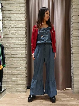 「アイテム（つなぎ/オールインワン、ブルー系）」を使った、Mikeさん（レディース・154cm）の春コーディネート