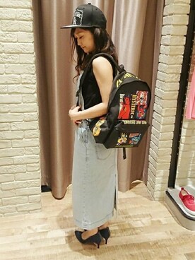 「HYSTERIC GLAMOUR（ヒステリックグラマー）のHYS WHISKY柄 刺繍キャップ（キャップ）」を使った、Mikeさん（レディース・154cm）の夏コーディネート