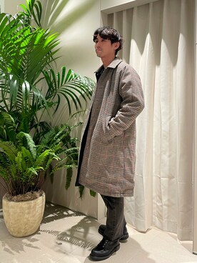 「古着コーデ」｜「アイテム（ステンカラーコート）」を使った、木山正己さん（メンズ・176cm）の冬コーディネート