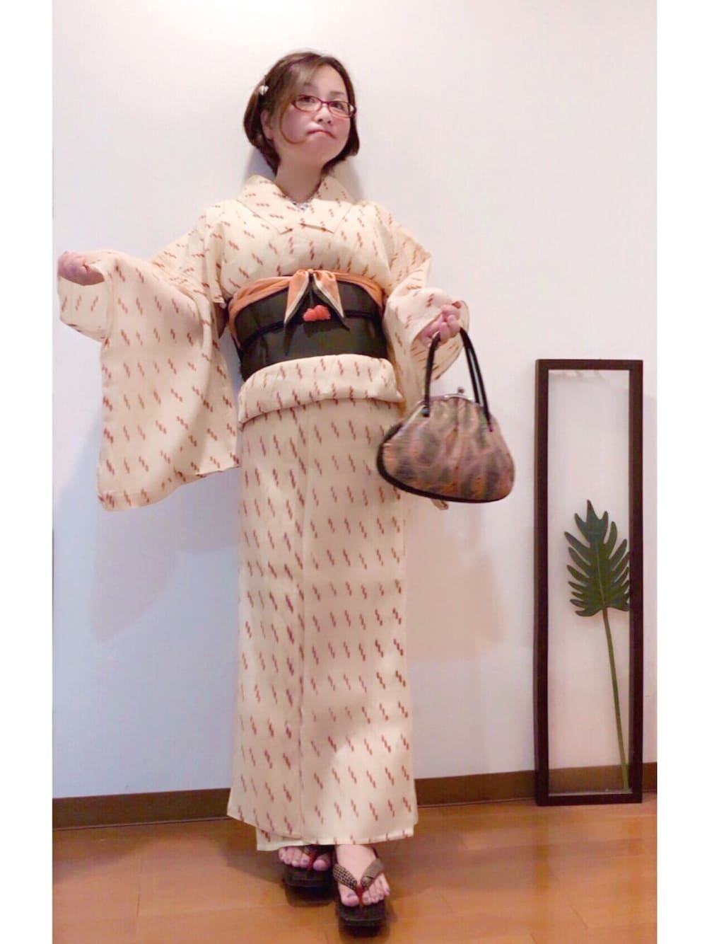 「低身長、メガネ女子、着物、夏着物、浴衣、着物アンティーク、WEAR昭和部、昭和レトロ、下駄、金魚」｜「帯結び🎀のアイテム（和装小物、グリーン系）」を使った、はんだぱんださん（レディース・146cm）の夏コーディネートの1枚目の写真