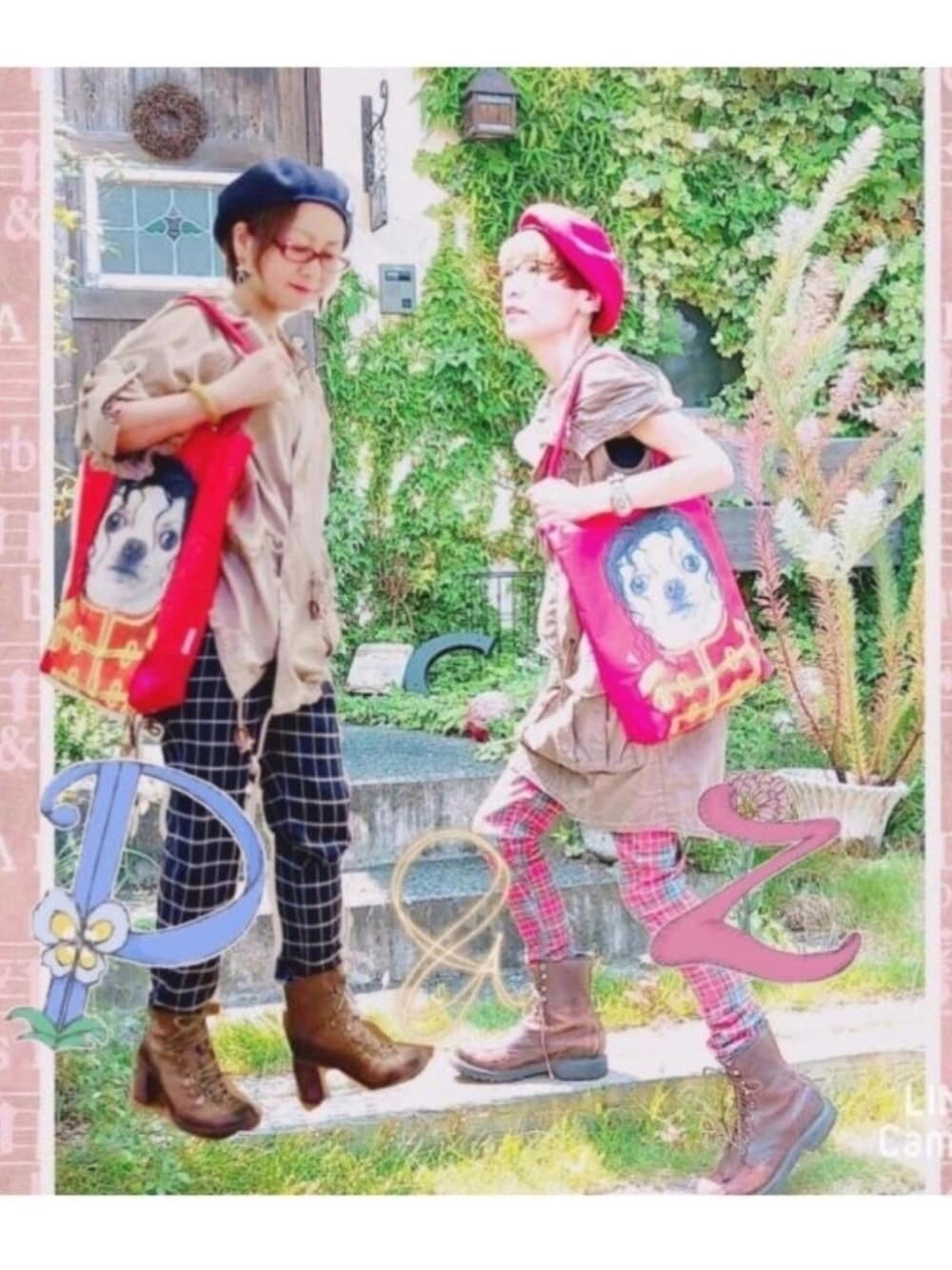 「双子コーデ、リンクコーデ、仲良し、派手バッグ、赤、ベレー帽、チェックパンツ、ブーツ、メガネ女子」｜「ずんちゃん❤のお洒落でかっこいいずんちゃん❤（福袋/福箱、ゴールド系）」を使った、はんだぱんださん（レディース・146cm）の秋コーディネートの1枚目の写真