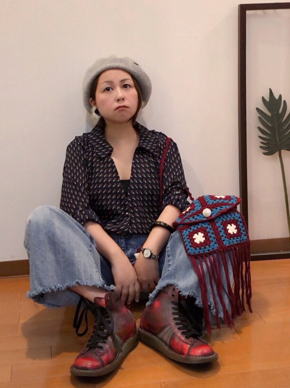 「低身長、レトロ、昭和レトロ、古着、古着MIX、ヴィンテージ、ベレー帽、ファー小物、秋服準備はじめました、我が道をゆく隊」｜「Bou Jeloudのふんわりベレー帽（ハンチング/ベレー帽、グレー系）」を使った、はんだぱんださん（レディース・146cm）の秋コーディネートの1枚目の写真