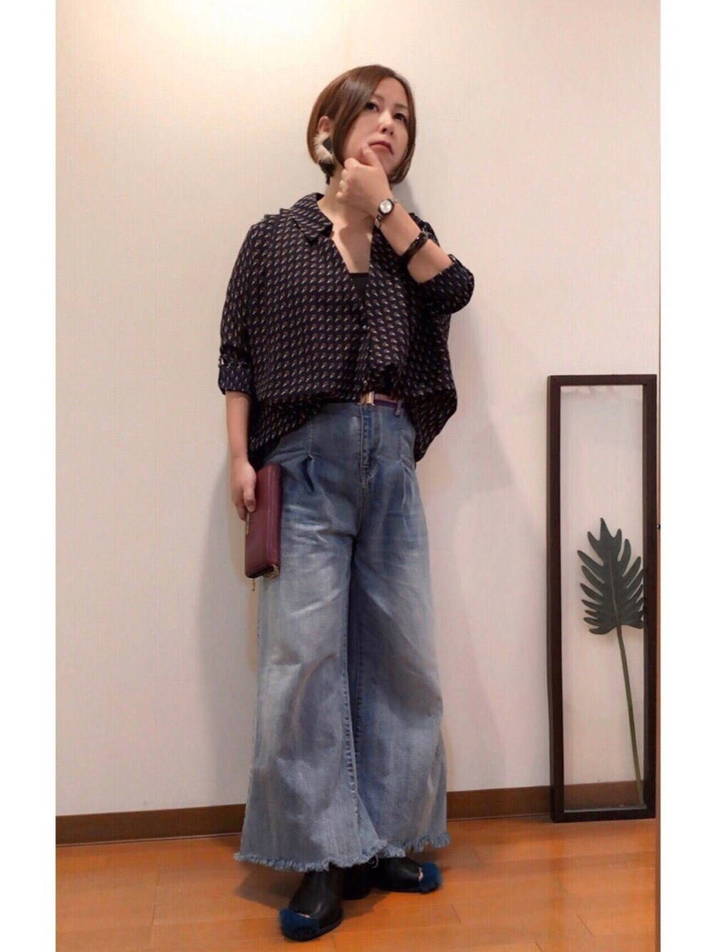 「低身長、ファー小物、ファーピアス、ファーサンダル、秋服準備はじめました、レトロ、古着、古着MIX、ゴムベルト、我が道をゆく隊」｜「Bou Jeloudのトライアングルミンクピアス（ピアス（両耳用）、ホワイト系）」を使った、はんだぱんださん（レディース・146cm）の秋コーディネートの1枚目の写真