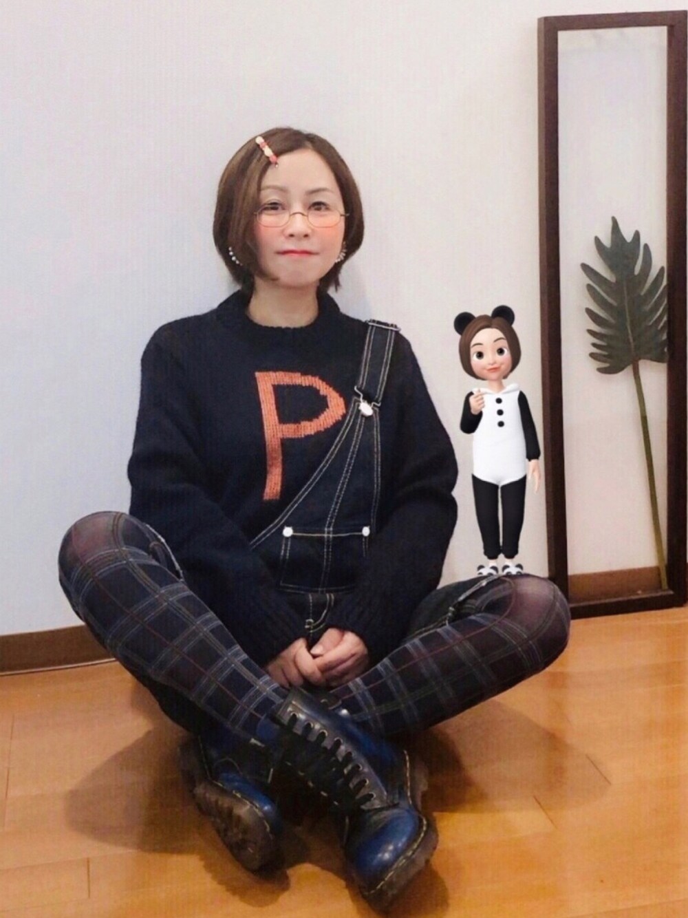 「我が道をゆく隊、Zepeto、サロペット、ニット、メガネ女子、柄タイツ、古着、古着MIX、大人カジュアル、低身長」｜「Oldderby Knitwearの(古着)（ニット/セーター、ブルー系）」を使った、はんだぱんださん（レディース・146cm）の冬コーディネートの1枚目の写真