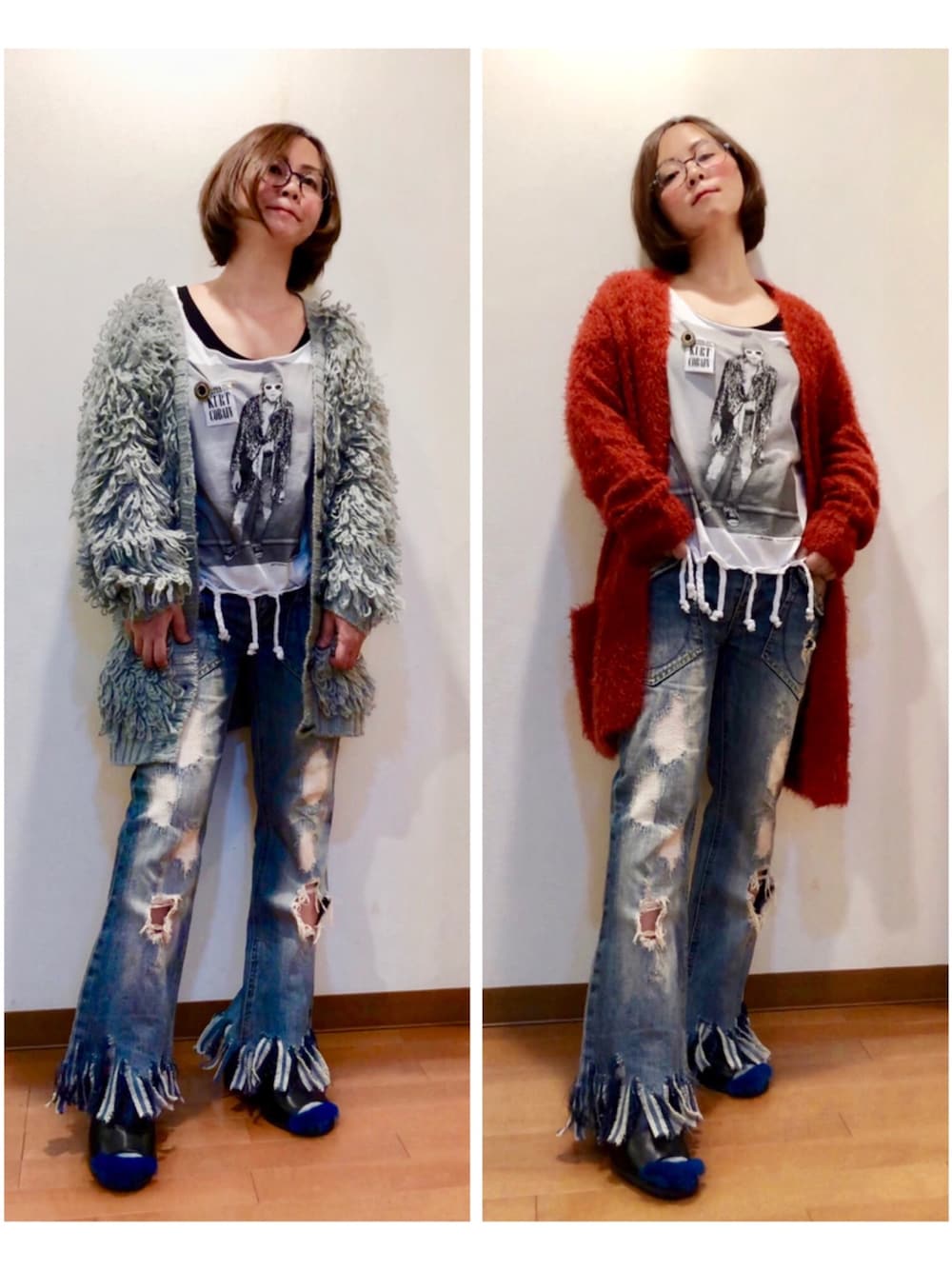 「カートコバーン、グランジ、ダメージデニムパンツ、リメイク、古着、古着MIX、古着コーデ、ニルヴァーナ、もこもこフェス2019、我が道をゆく隊」｜「古着リメイクのセルフリメイク ダメージデニム（デニムパンツ、ブルー系）」を使った、はんだぱんださん（レディース・146cm）の冬コーディネートの1枚目の写真