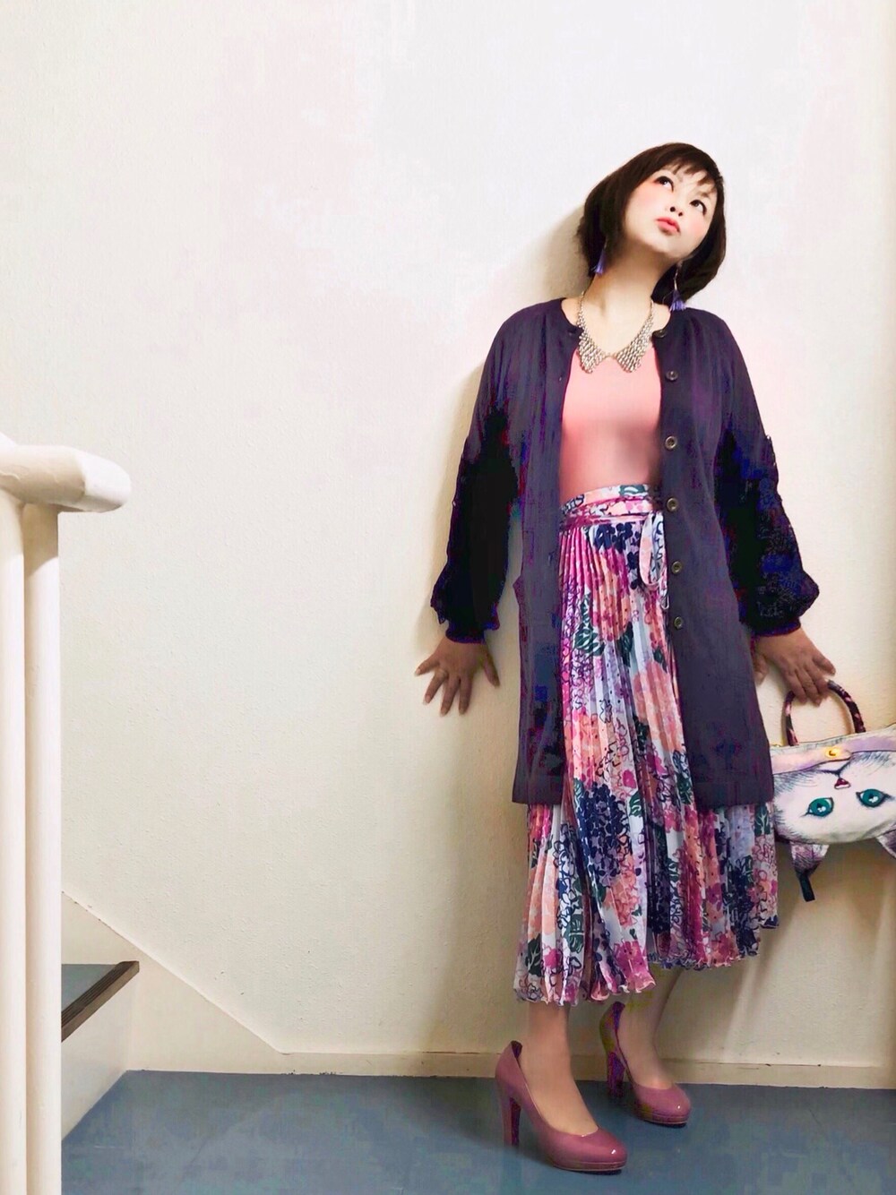 はんだぱんださんの「(古着)花柄プリーツラップスカート（KEI Hayama）」を使ったコーディネート